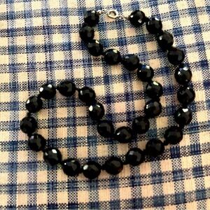 Faceted Glass Black Beaded Hand Knotted Necklace 18”